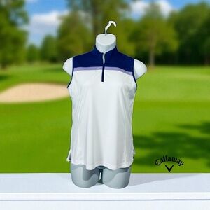 Callaway, Women’s Mock Neck Sleeveless Golf Polo Top, White & Navy, Size L 🏌️‍♀️